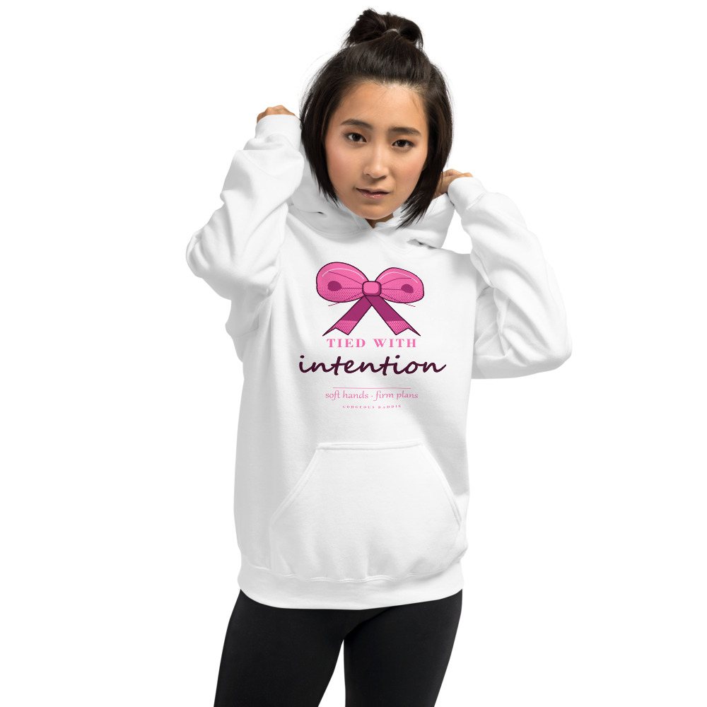 Gorgeous Baddie Tied With Intention Boutique Hoodie White Front